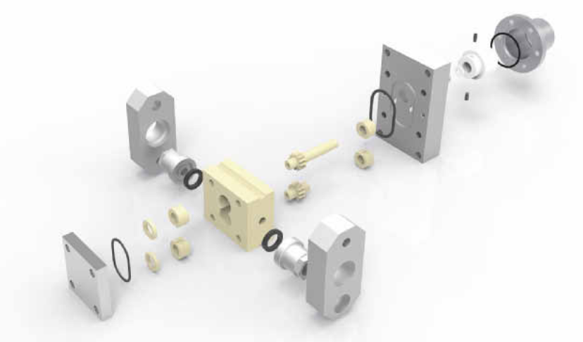 Рисунок 2. Схема керамических шестеренных насосных компонентов, таких как подшипники, валы, корпуса и прокладки из оксида циркония. Источник: Witte Pumps & Technology